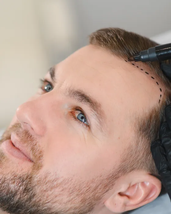 Der Haaransatz einer Patientin wird vor der Haartransplantation angezeichnet